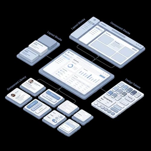 Visualisierung eines Design-Systems mit React-Komponentenbibliothek, Tokens und konsistenter UI-Struktur