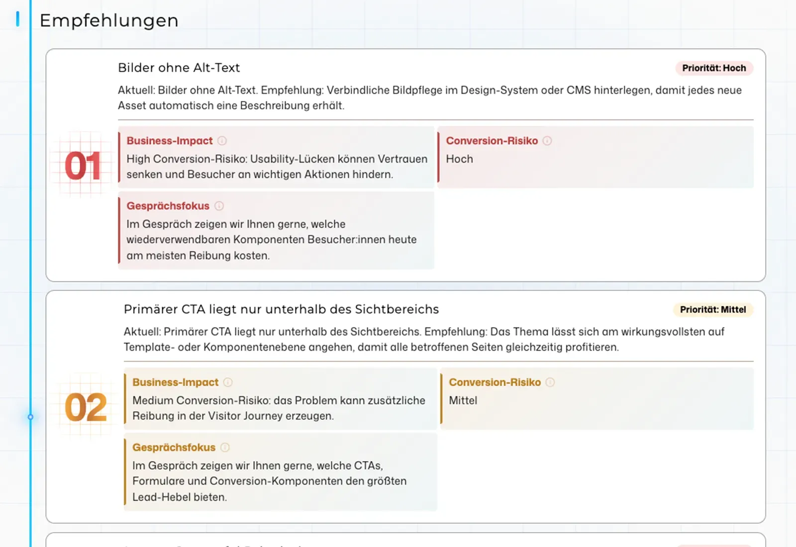 Vorschau der Empfehlungen im Website Audit mit Business Impact, Conversion-Risiko und konkreten nächsten Schritten