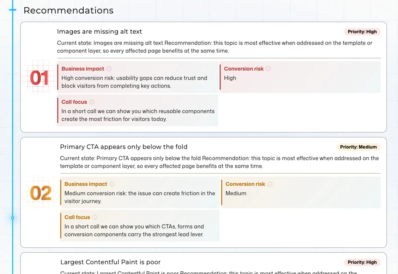 Preview of recommendations in the Website Audit with concrete next steps for SEO, performance, conversion and technical optimization
