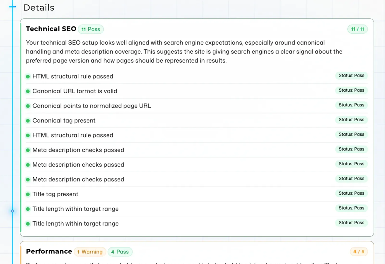 Preview of technical details in the Website Audit with checked SEO, performance, security and tracking signals